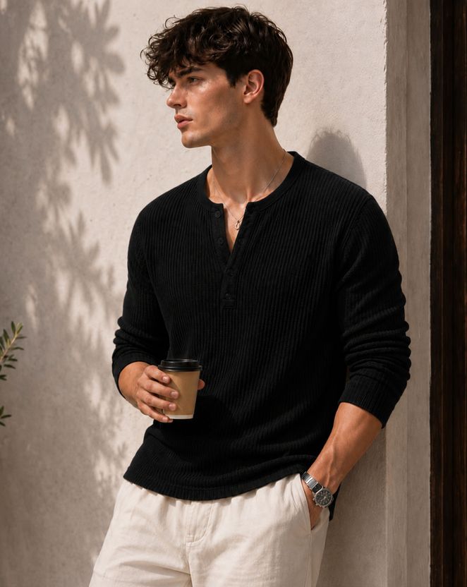 AUSK Solid Men Henley Neck Black T-Shirt - Image 1