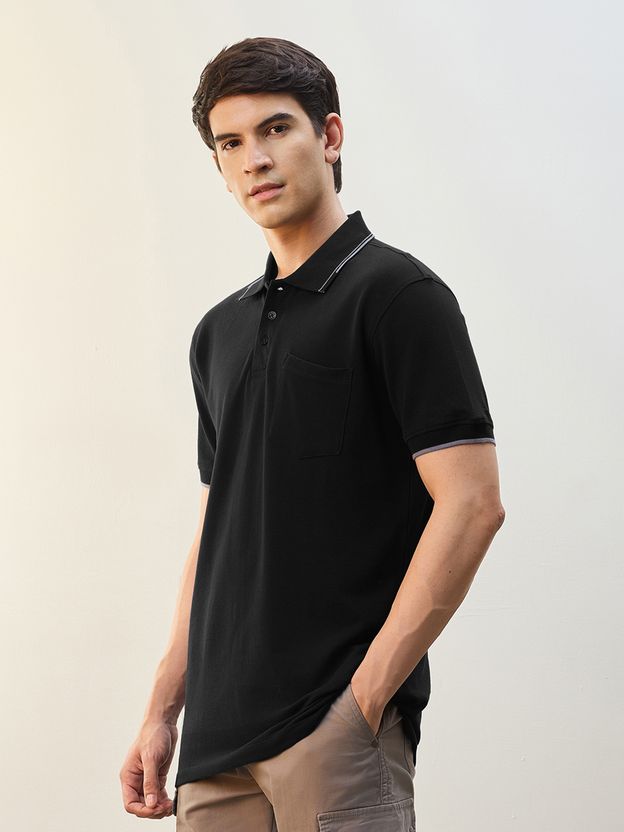 NOBERO Solid Men Polo Neck Black T-Shirt - Image 2