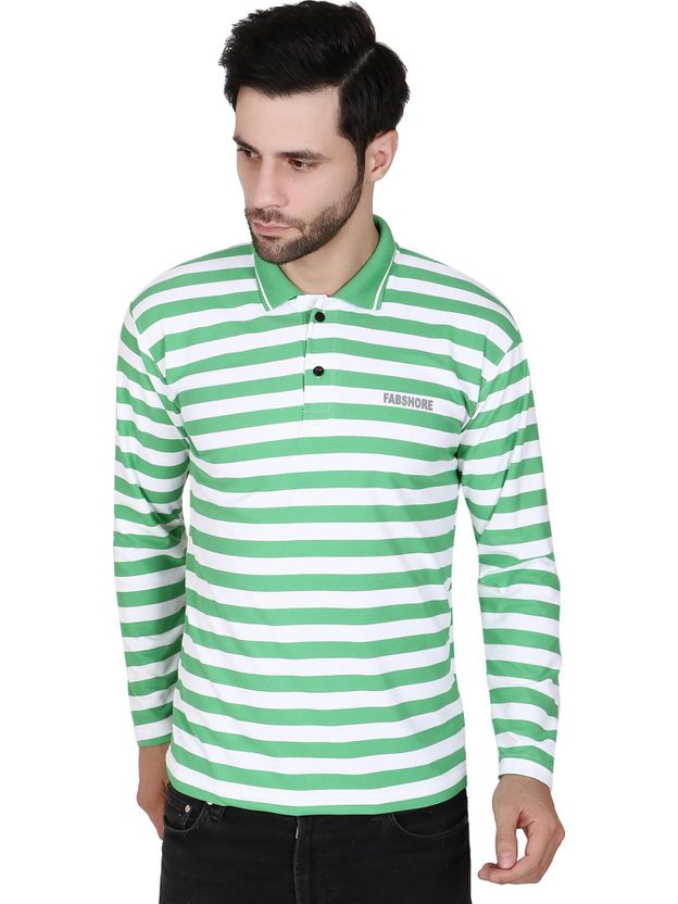 HOC Men Grey Striped Polo Neck T-Shirt - Image 1