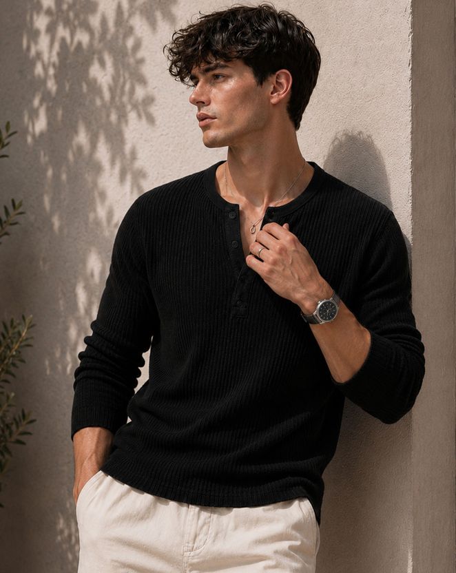 AUSK Solid Men Henley Neck Black T-Shirt - Image 3