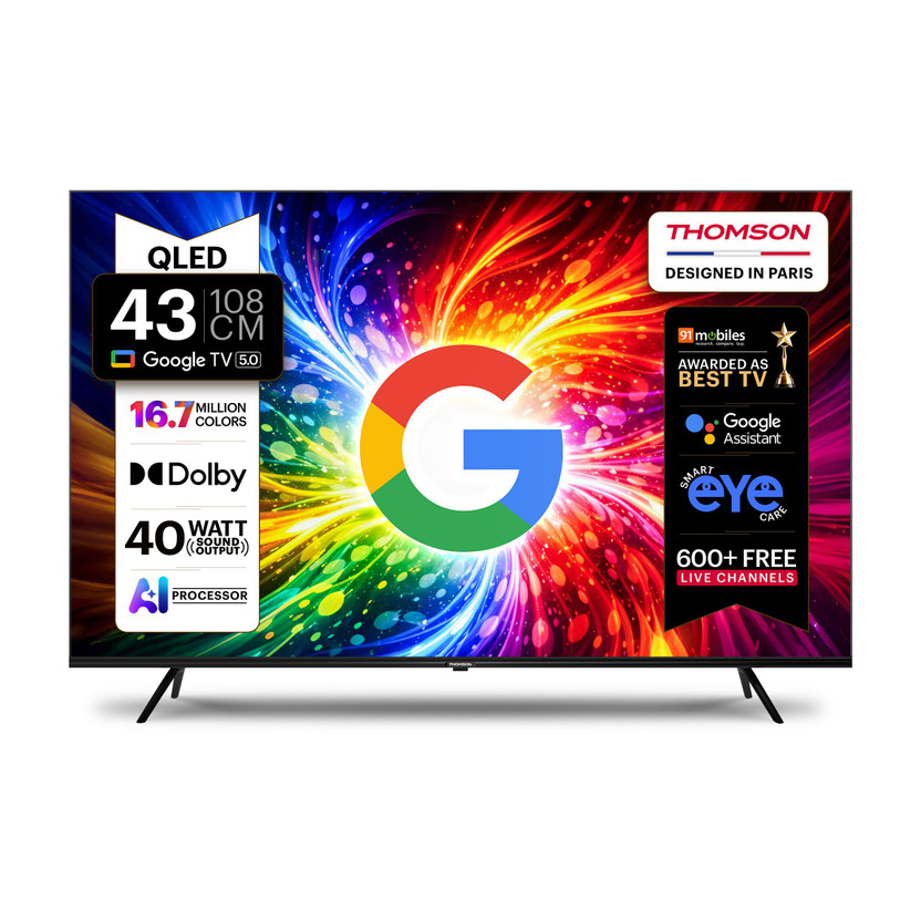 Thomson 108 cm (43 inch) QLED Full HD Smart Google TV 2026 Edition with Google Voice Assistant Remote Control, 40 Watt Sound Output, Dolby Sound, Digital Tuner, Eye Care Technology, 10000+ Apps & Games, Bezel Less Design, Chromecast
