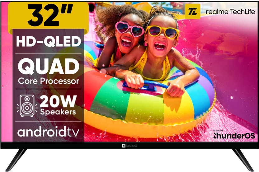 realme TechLife 80 cm (32 inch) QLED HD Ready Smart Android TV 2026 Edition with Thunder OS, Live TV, Netflix, 100+ Apps, 20W Speakers, 300 Nits Brightness, Bezel-less Design