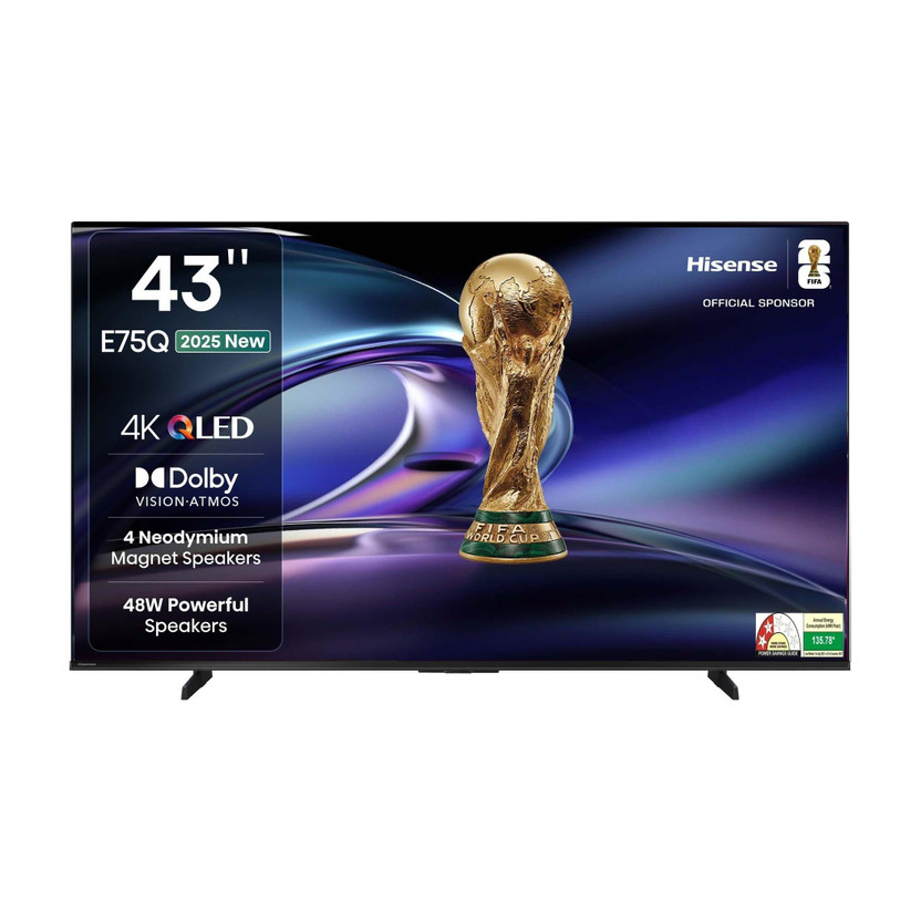 Hisense 43E75Q 107.8 cm (43 inch) QLED Ultra HD (4K) Smart VIDAA TV with 48W Powerful Speakers , Dolby Vision-Atmos , Cricket Mode , Game Mode Plus , Hands-Free Voice Control , VIDAA OS