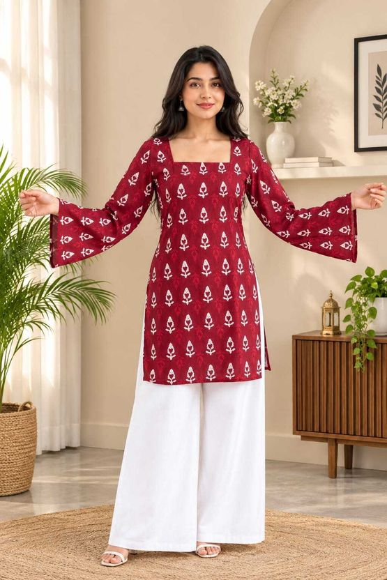 VAYRANI Women Maroon Floral Print Bell Sleeves Top - Image 4