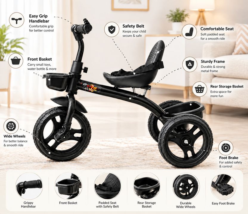 Stepupp Grow Baby Tricycle with Basket, Black - Image 4