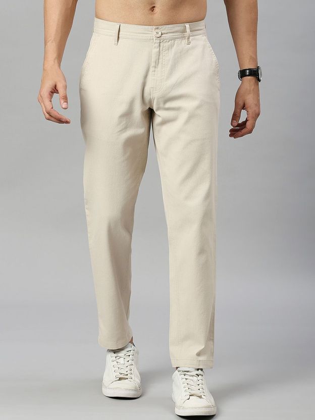HERE&NOW Men Slim Fit Cream Trousers - Image 1