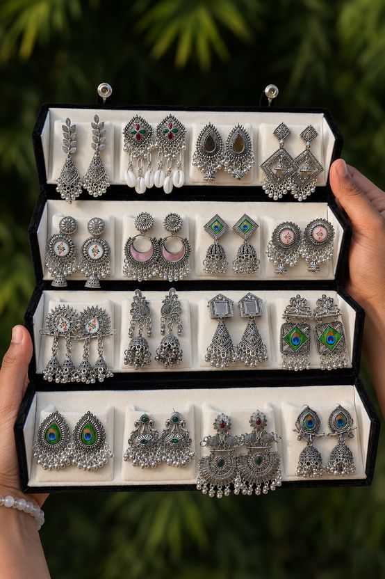 Aurav Oxidized Silver Jhumka Earrings Organizer Set 16 Pair - Image 1