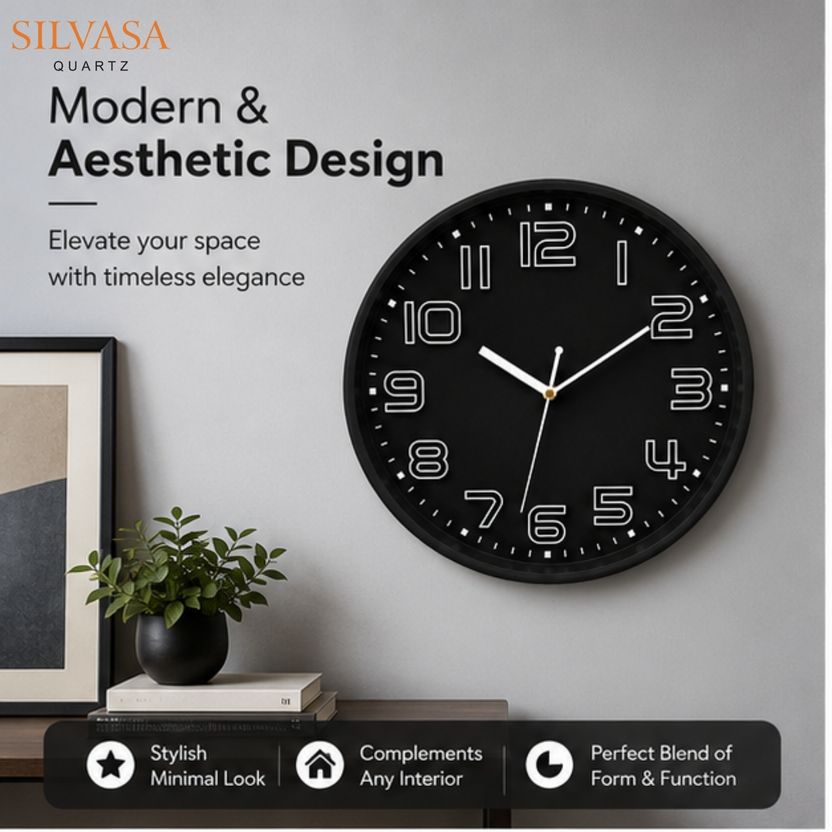 Silvasa 30cm Black Wall Clock - Image 2