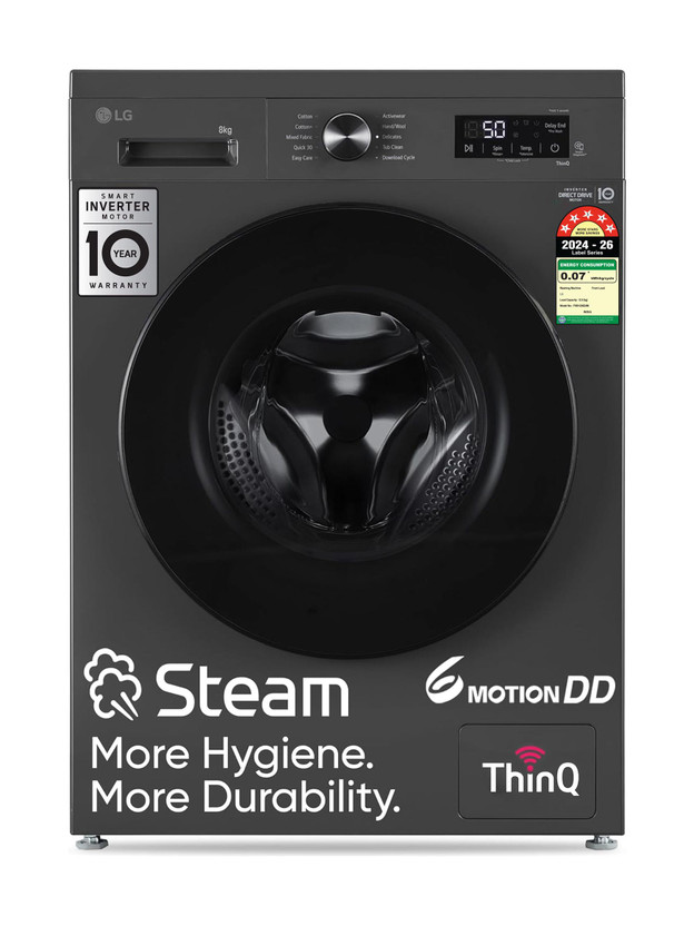 LG 8 kg 5 Star, Inverter Direct Drive Technology, Wi-Fi Enabled, 6 Motion DD, Steam Fully Automatic Front Load Washing Machine with In-built Heater Grey, Black