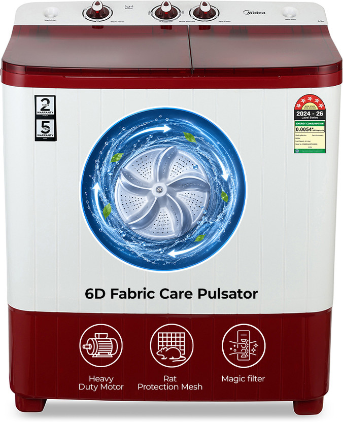 Midea 6.5 kg Semi Automatic Top Load Washing Machine Maroon, White