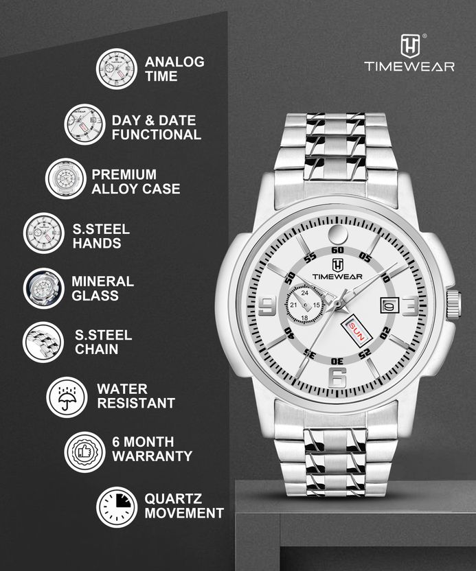 TIMEWEAR White Dial Day Date Stainless Steel Watch - Image 7