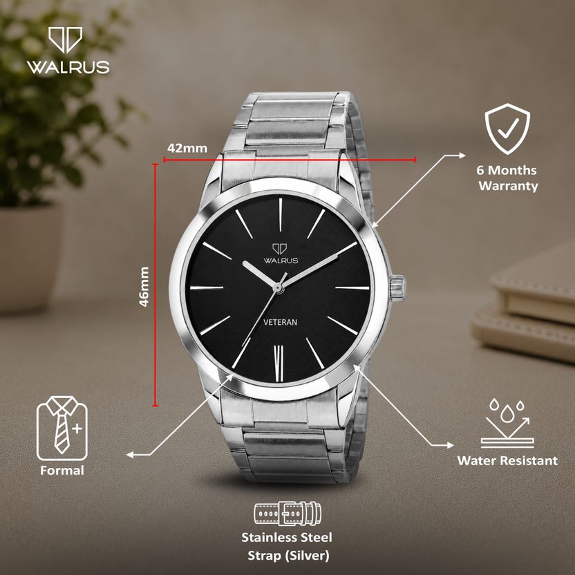 Walrus Medium Black Dial Stainless Steel Strap Watch - Image 4