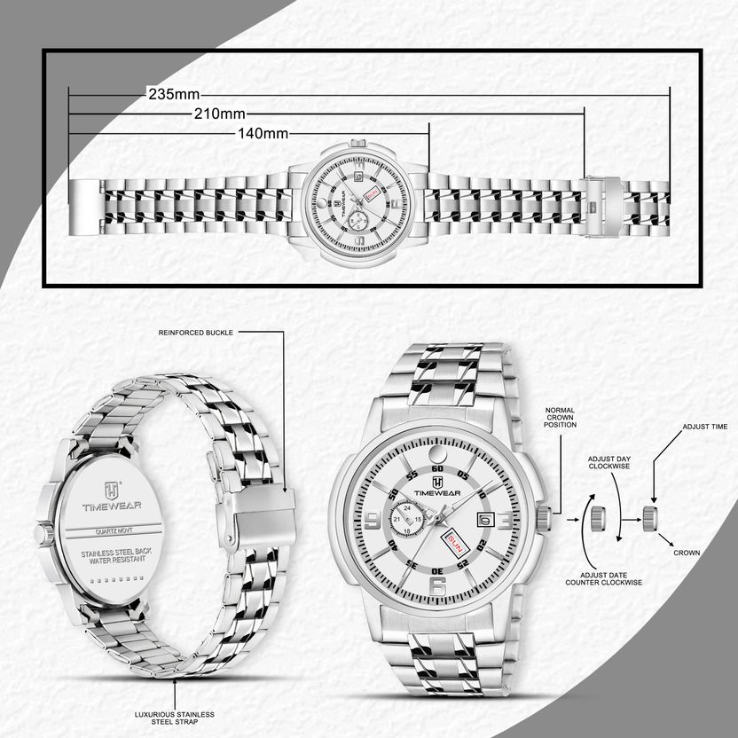 TIMEWEAR White Dial Day Date Stainless Steel Watch - Image 5