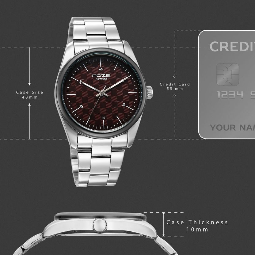 SONATA Poze 9 Quartz Red Dial Silver Strap Watch - Image 7