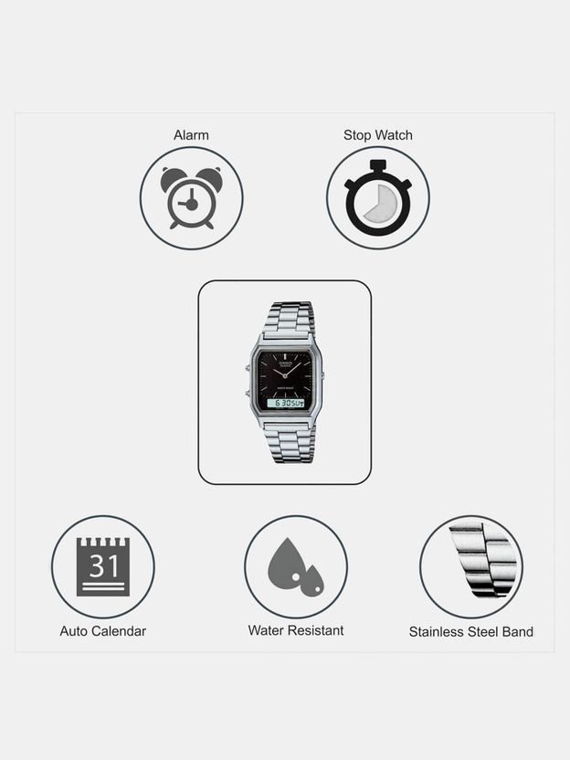 CASIO AQ-230A-1DMQ Vintage AQ-230A-1DHDF Black Dial Silver Stainless Steel Band Analog-Digital Watch - For Men & Women - Image 3