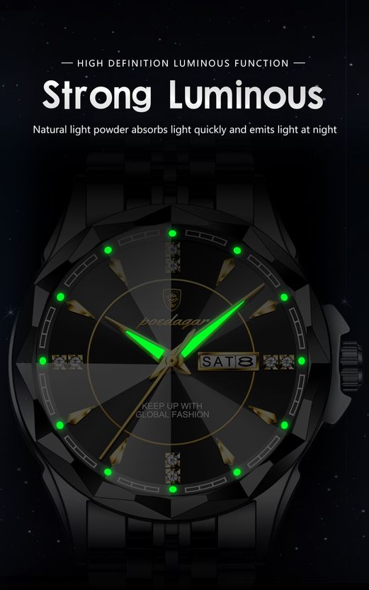 POEDAGAR Men's Black Quartz Watch - Image 9