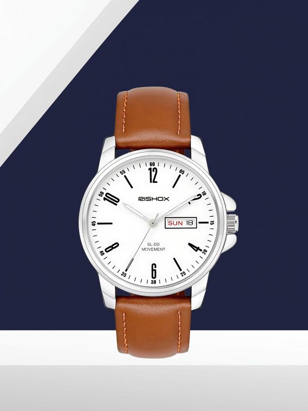 Rishox White Dial Brown Leather Men's Watch - Image 3