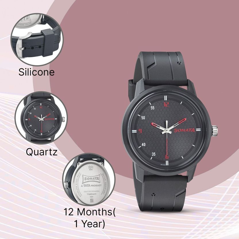 Sonata Volt Quartz Black Dial Black Plastic Strap Analog Watch - Image 5