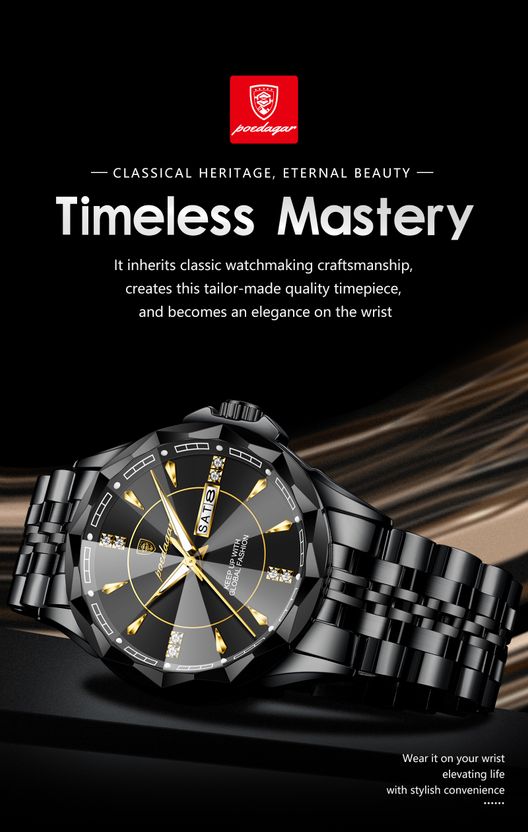 POEDAGAR Men's Black Quartz Watch - Image 4