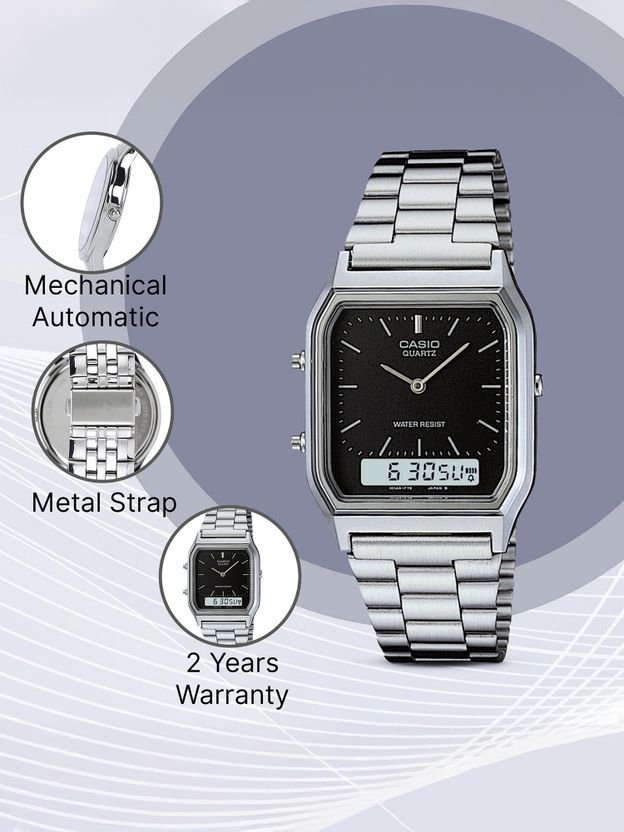CASIO AQ-230A-1DMQ Vintage AQ-230A-1DHDF Black Dial Silver Stainless Steel Band Analog-Digital Watch - For Men & Women - Image 4