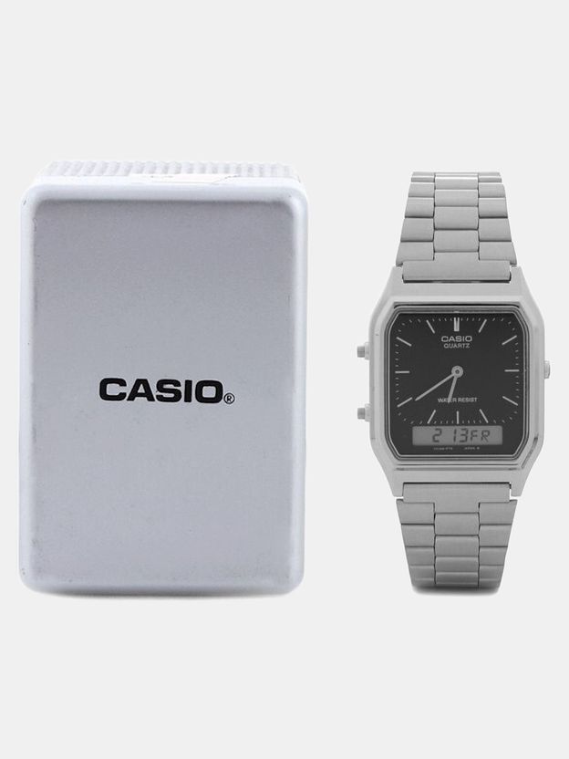 CASIO AQ-230A-1DMQ Vintage AQ-230A-1DHDF Black Dial Silver Stainless Steel Band Analog-Digital Watch - For Men & Women - Image 6