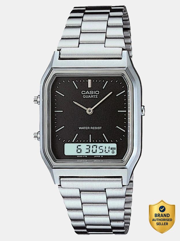 CASIO AQ-230A-1DMQ Vintage AQ-230A-1DHDF Black Dial Silver Stainless Steel Band Analog-Digital Watch - For Men & Women - Image 1