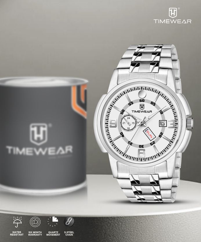 TIMEWEAR White Dial Day Date Stainless Steel Watch - Image 3