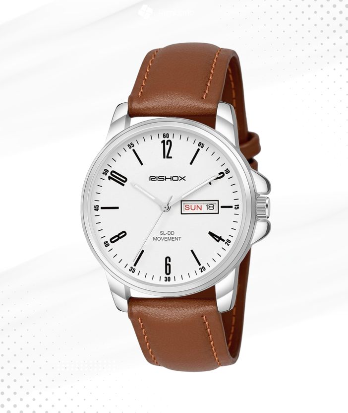 Rishox White Dial Brown Leather Men's Watch - Image 4