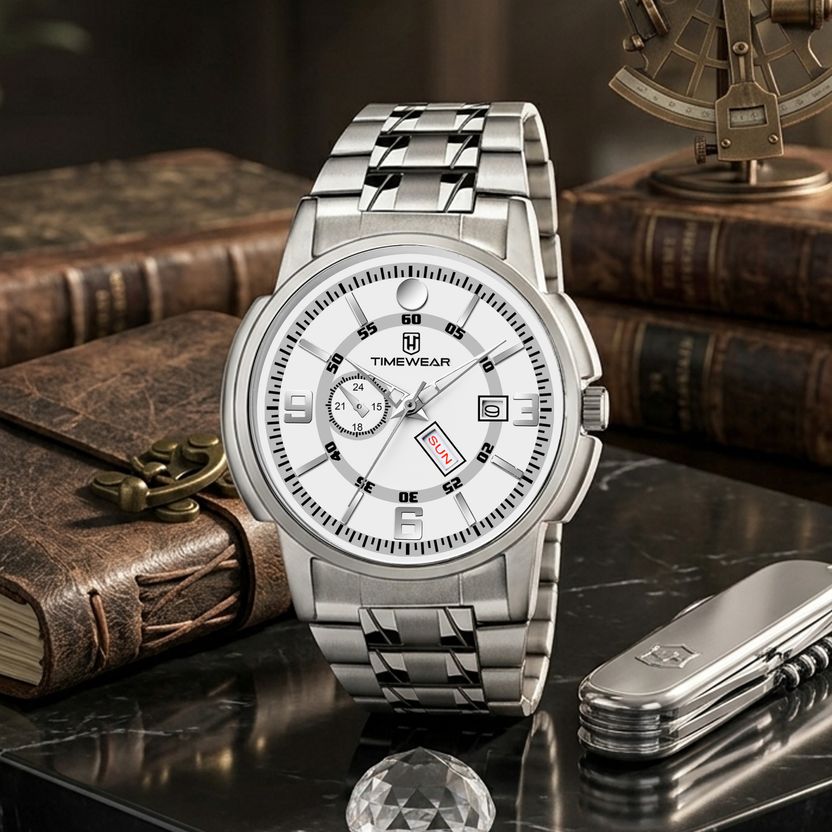 TIMEWEAR White Dial Day Date Stainless Steel Watch - Image 10
