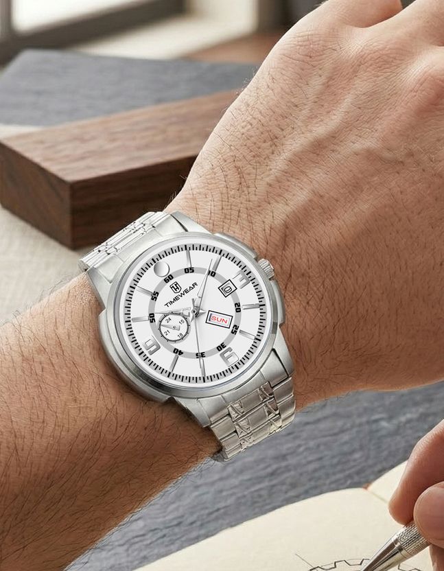 TIMEWEAR White Dial Day Date Stainless Steel Watch - Image 6