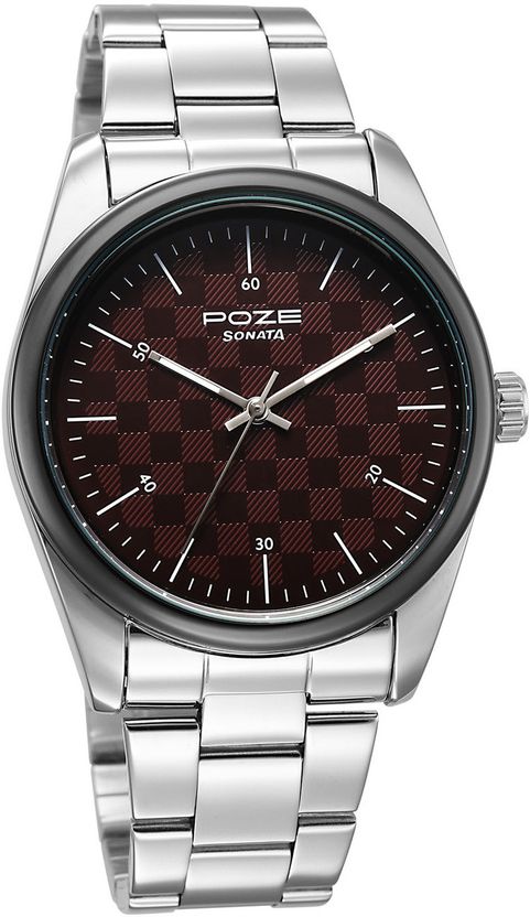 SONATA Poze 9 Quartz Red Dial Silver Strap Watch - Image 2