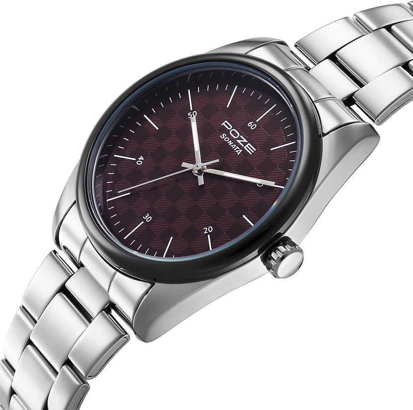 SONATA Poze 9 Quartz Red Dial Silver Strap Watch - Image 4