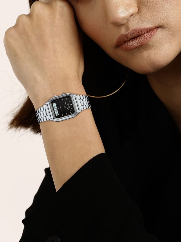 CASIO AQ-230A-1DMQ Vintage AQ-230A-1DHDF Black Dial Silver Stainless Steel Band Analog-Digital Watch - For Men & Women - Image 2
