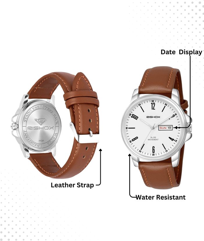 Rishox White Dial Brown Leather Men's Watch - Image 8