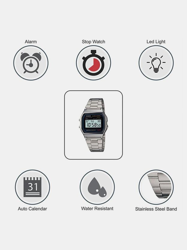Casio Vintage A158WA-1DF Black Dial Steel Watch - Image 8