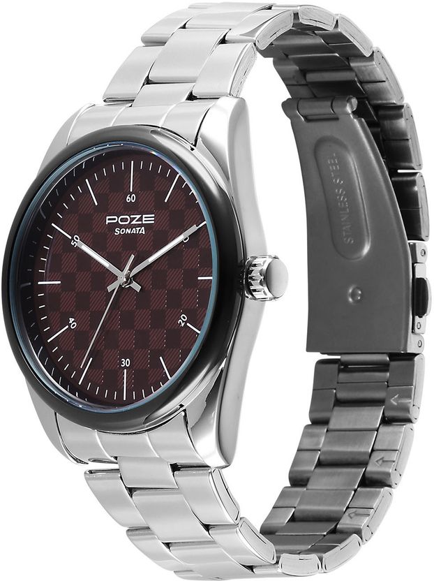 SONATA Poze 9 Quartz Red Dial Silver Strap Watch - Image 3
