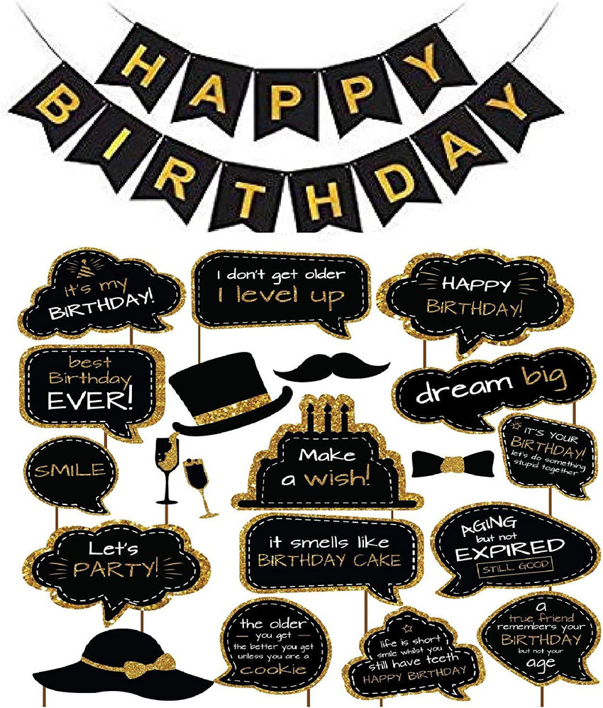 Balloons Happy Birthday Photo Booth Props Set of 20 Props and 1 Set Black Happy Birthday Photo Banner Birthday Party Selfie Prop Birthday Themes Birthday Photo Booth Props Backdrop Photo Booth Board P...