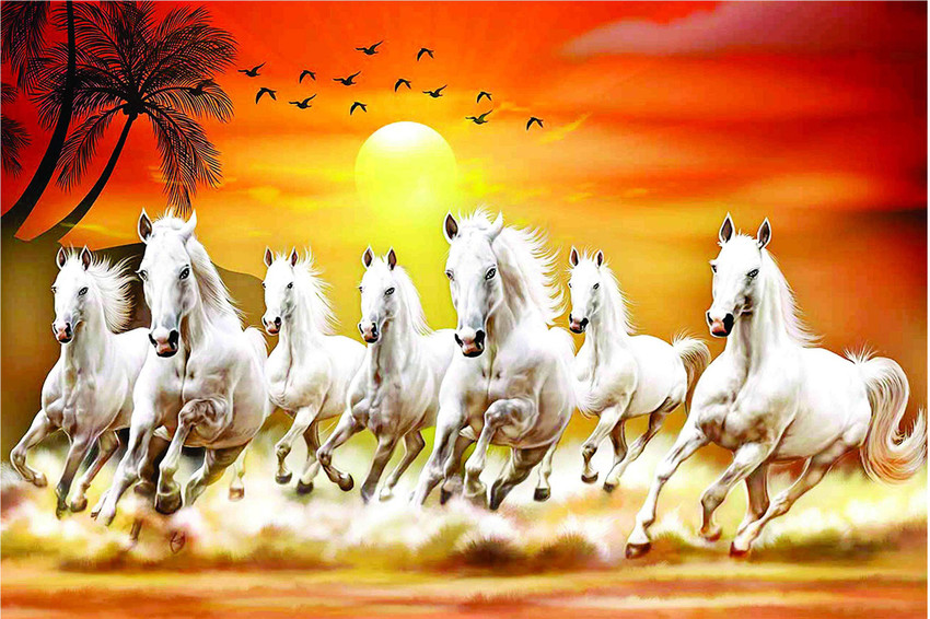 Vastu Poster White 7 Horse vastu Painting beautiful Seven Horse Running At Sunrise Wall Sticker Wall Painting Washable Vinyl Sticker Poster Natural Sticker Home Decor Office Decor Photo Fine Art Print...