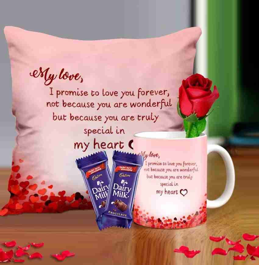 Midiron Valentine s Day Gift for Wife Romantic Gift for Girlfriend Gift for Spouse Microfiber Filler Cushion Coffee Mug Artificial Rose 2 Dairy Milk chocolate Pack of 4 Ceramic Fiber Plastic