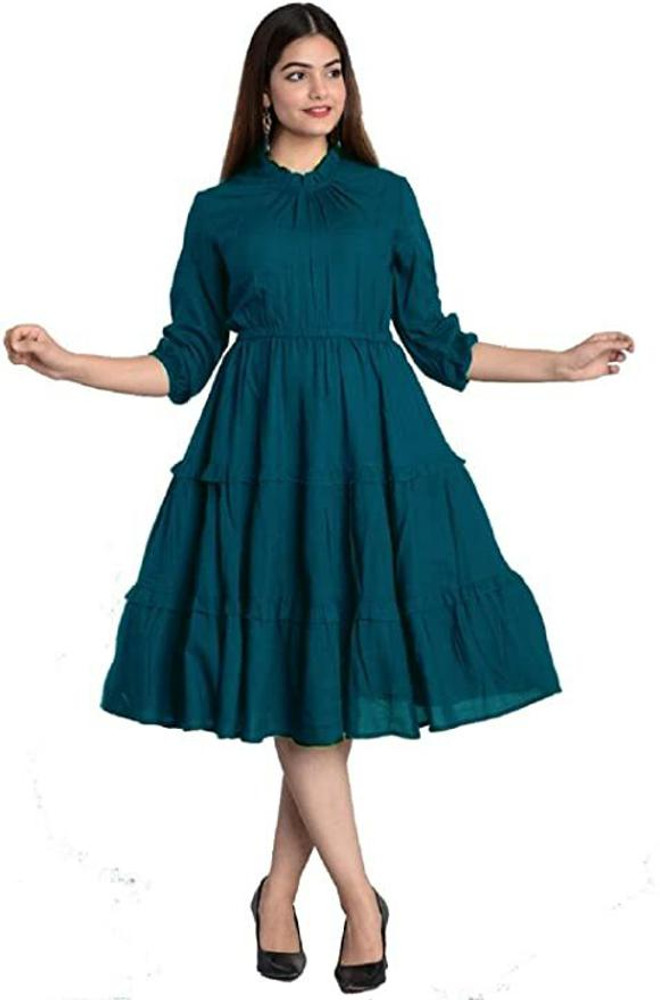 MYERA HEIGHTS Women Fit and Flare Green Dress - Buy MYERA HEIGHTS Women Fit  and Flare Green Dress Online at Best Prices in India | Flipkart.com