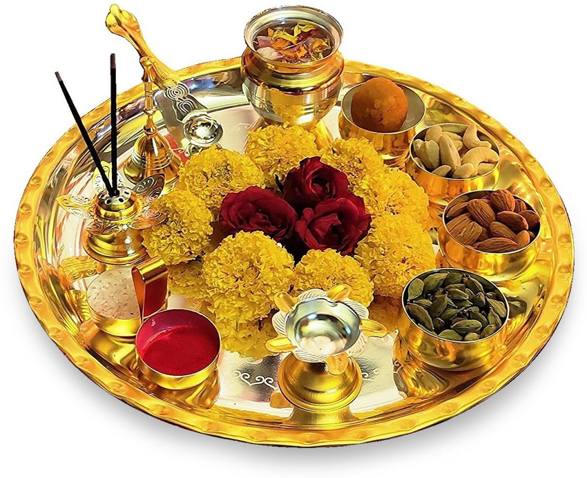 NOBILITY Silver Plated Pooja Thali Set 8 Inch Plate Diya Ghanti Kalash