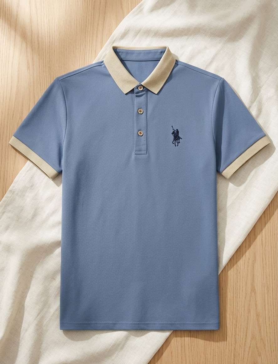 DLooK Men Embroidered Light Blue Polycotton Polo - Image 6