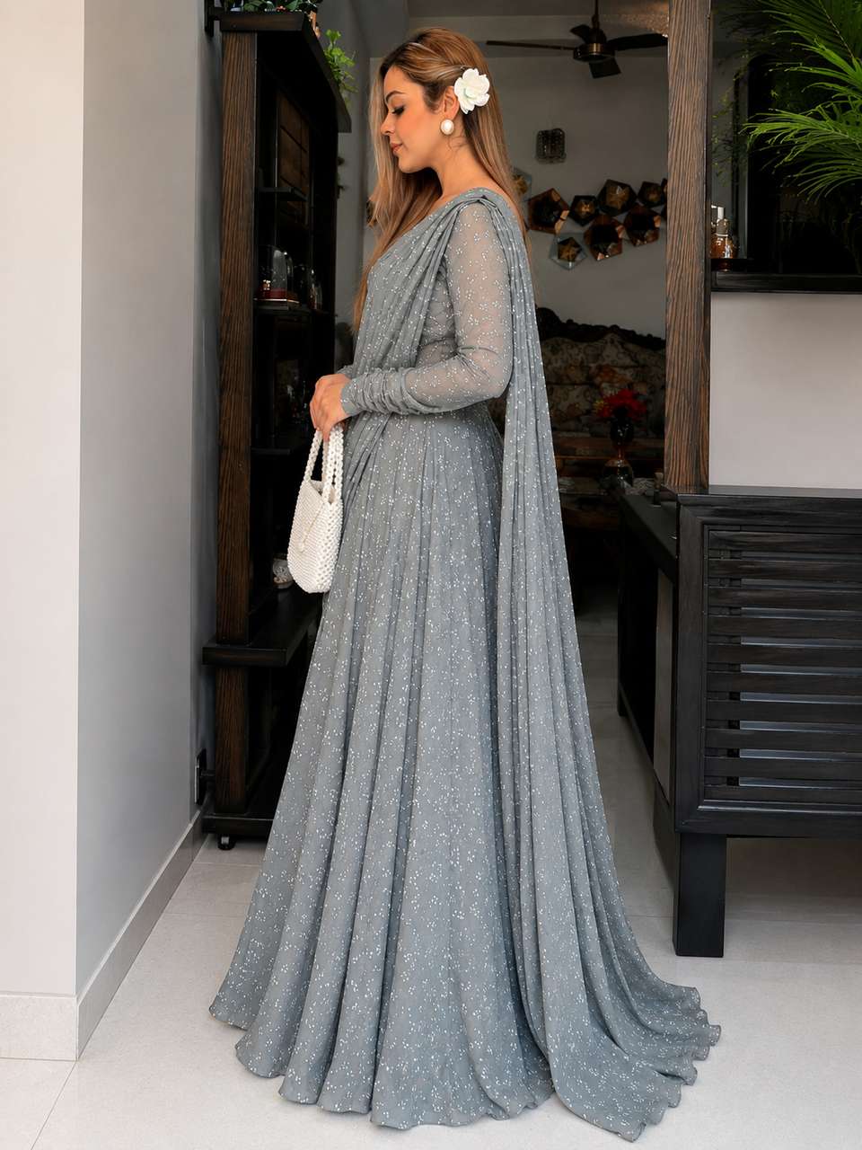 LATHIYATRENDS प्रिंटेड जॉर्जेट सिला हुआ अनारकली गाउन (ग्रे) - Image 8