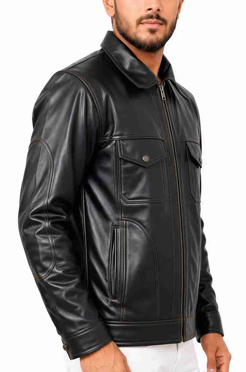 VONSIS Men Solid Casual Leather Jacket - Image 5