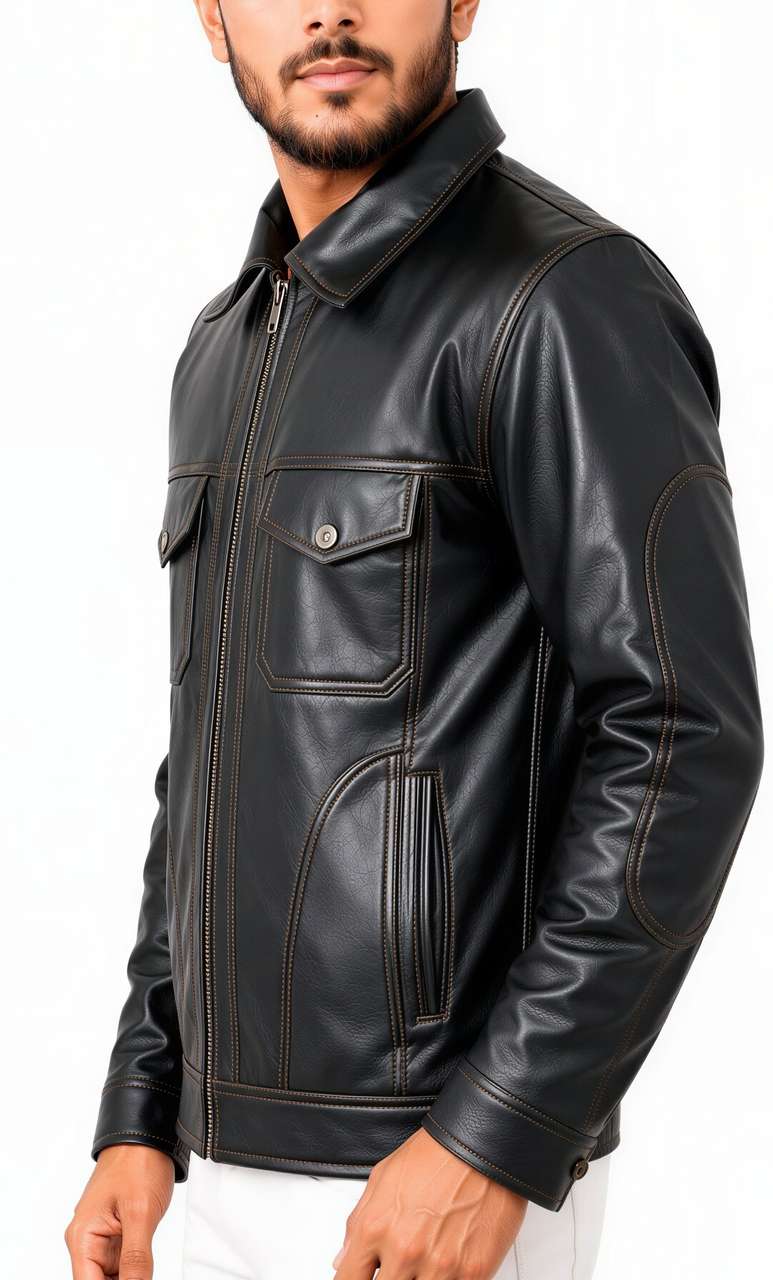 VONSIS Men Solid Casual Leather Jacket - Image 7