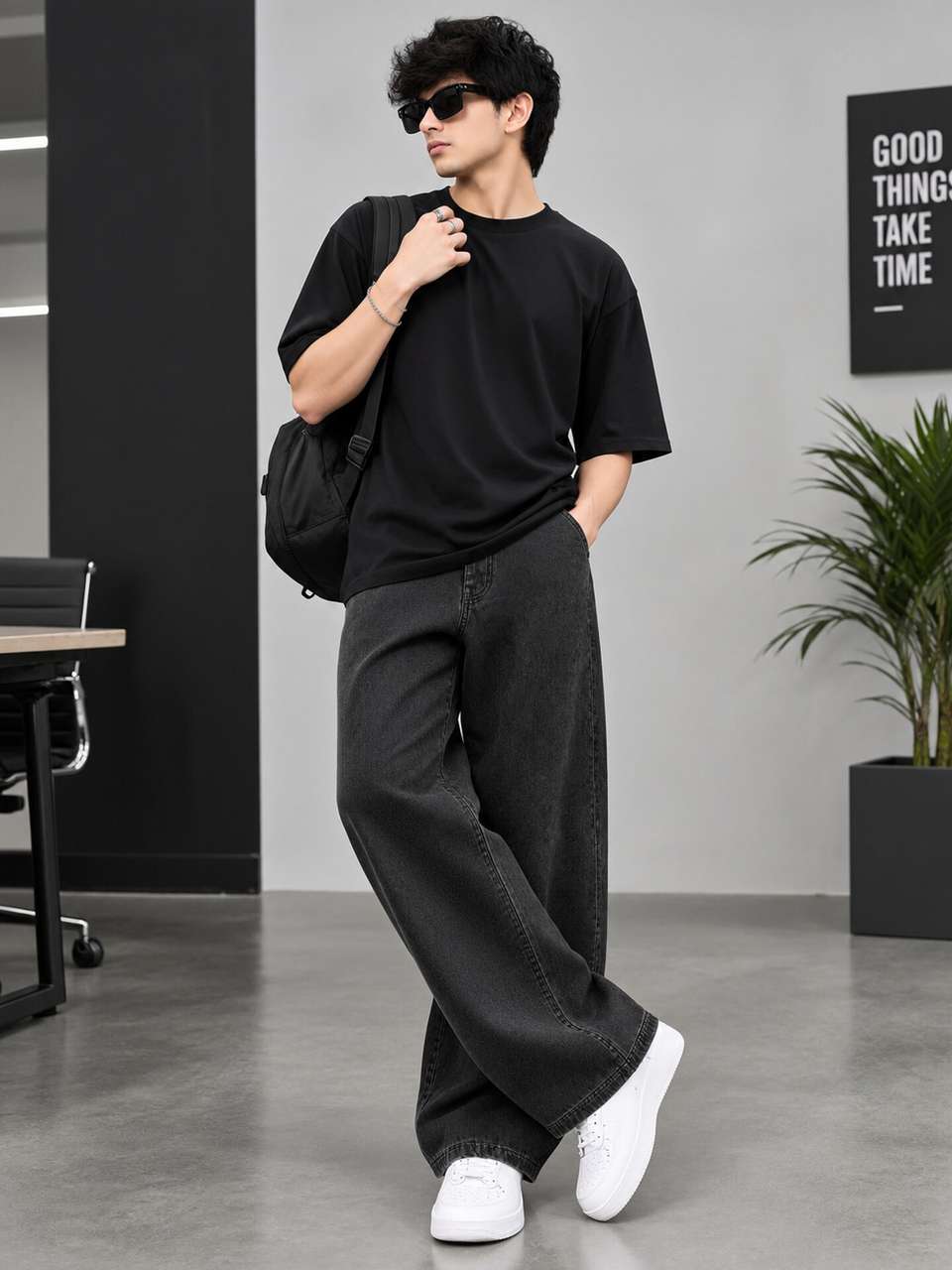 DENIM LOOK Men Baggy Fit Mid Rise Dark Grey Jeans - Image 8