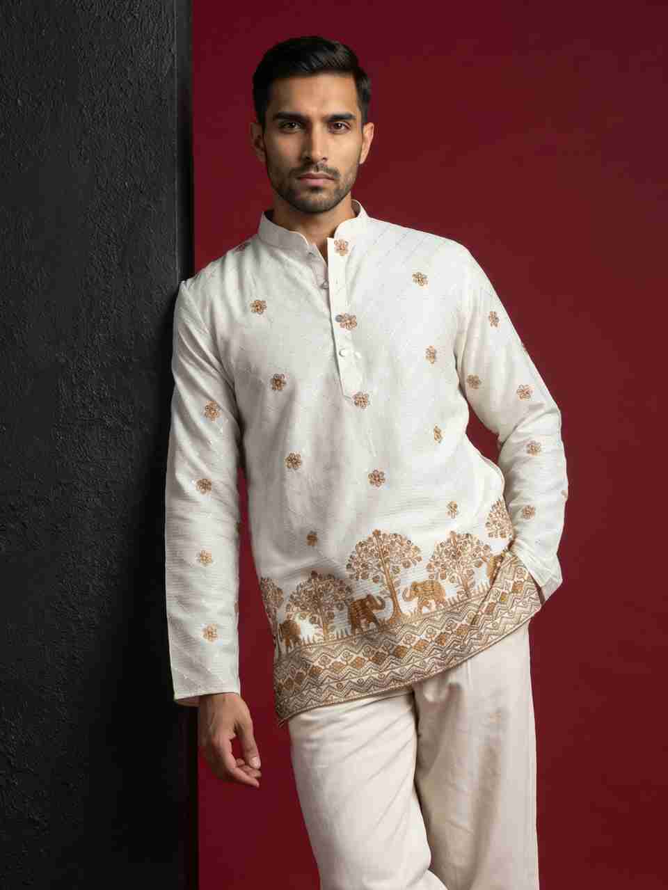 Jompers Embroidered Cotton Blend Tunic Kurta for Men (White) - Image 9