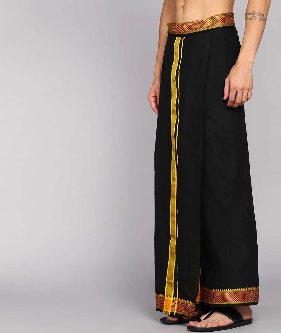 shershaan Solid Black, Gold Lungi - Image 9