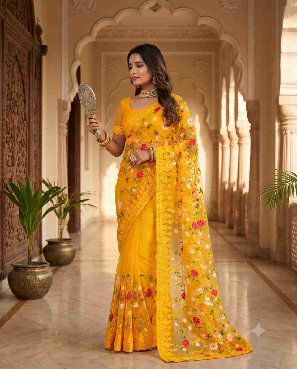 ORNITA Embroidered Bollywood Net Yellow Saree - Image 8