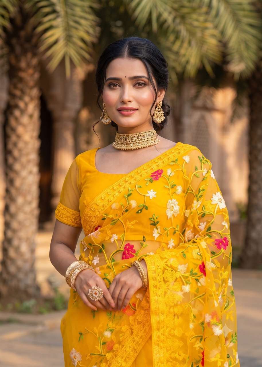 ORNITA Embroidered Bollywood Net Yellow Saree - Image 9